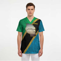 African Volcano Kilimanjaro Tanzania Scrub Top Grunge Flag Map of Tanzania