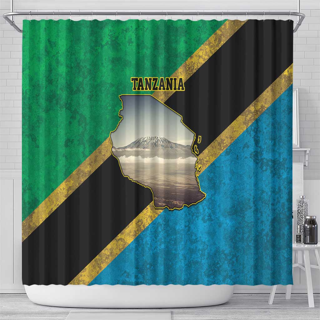 Kilimanjaro Tanzania Shower Curtain Grunge Flag Map of Tanzania - Wonder Print Shop