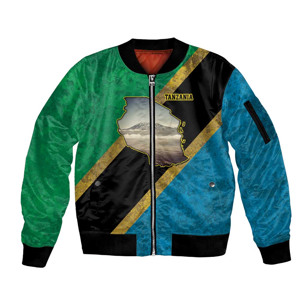 Kilimanjaro Tanzania Sleeve Zip Bomber Jacket Grunge Flag Map of Tanzania - Wonder Print Shop