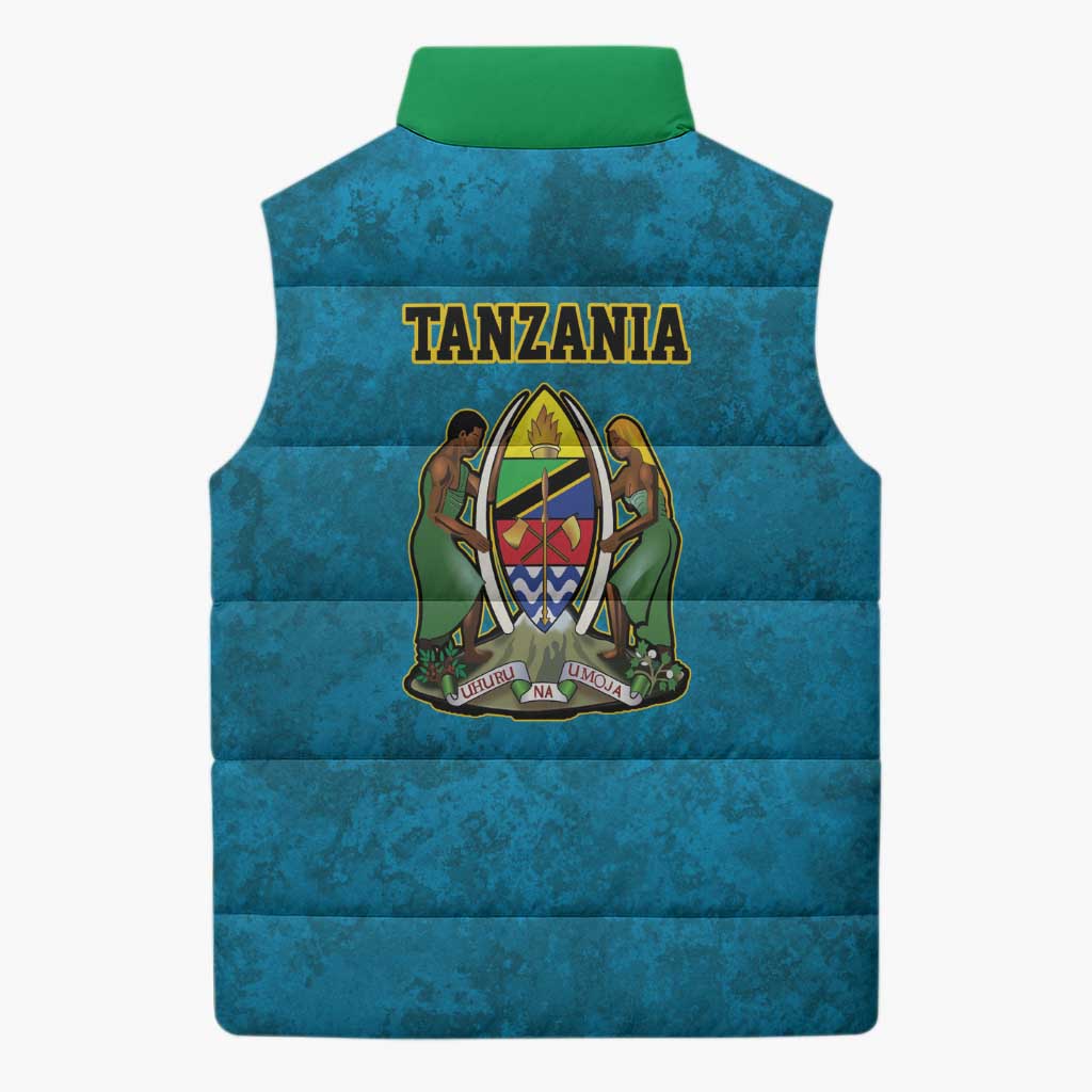 Kilimanjaro Tanzania Sleeveless Puffer Jacket Grunge Flag Map of Tanzania - Wonder Print Shop