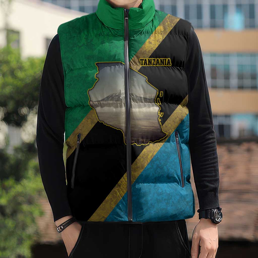 Kilimanjaro Tanzania Sleeveless Puffer Jacket Grunge Flag Map of Tanzania - Wonder Print Shop