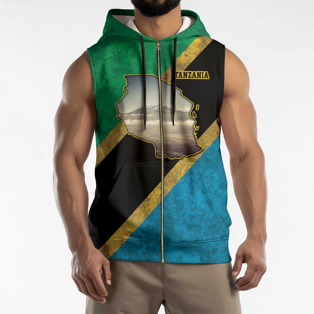 Kilimanjaro Tanzania Sleeveless Zip Hoodie Grunge Flag Map of Tanzania - Wonder Print Shop