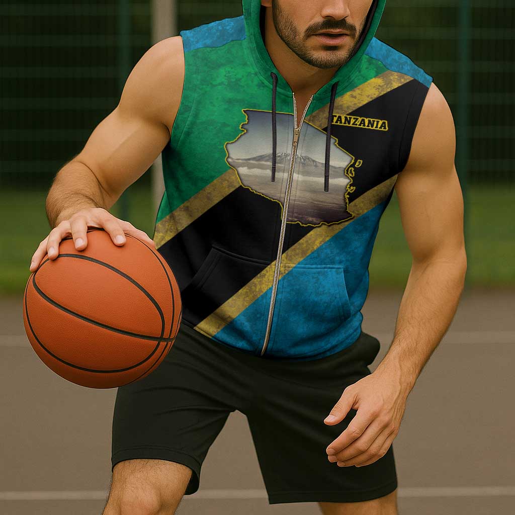 Kilimanjaro Tanzania Sleeveless Zip Hoodie Grunge Flag Map of Tanzania - Wonder Print Shop