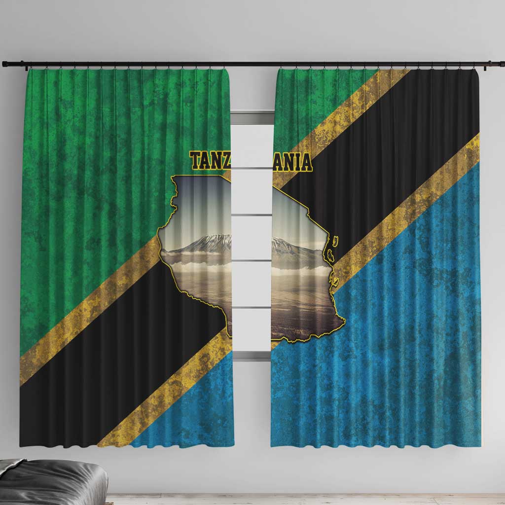 Kilimanjaro Tanzania Window Curtain Grunge Flag Map of Tanzania - Wonder Print Shop