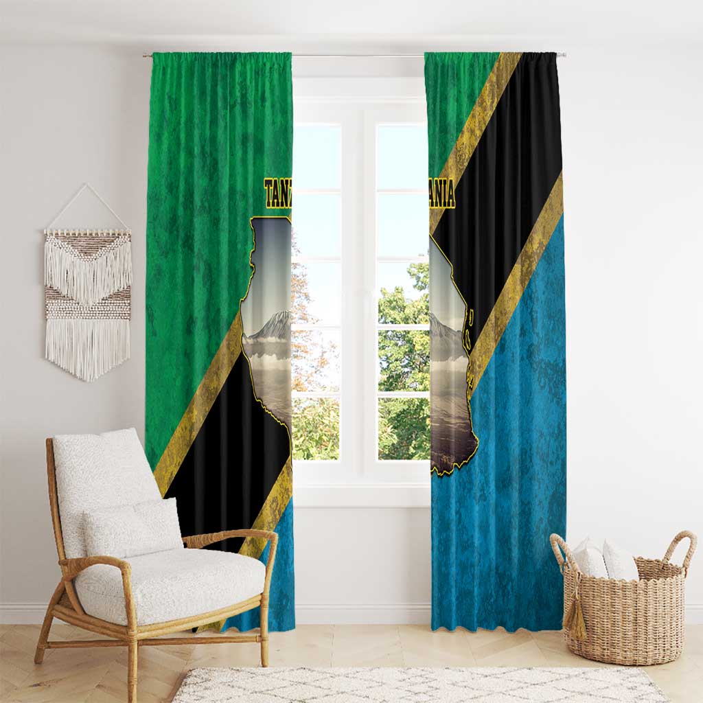 Kilimanjaro Tanzania Window Curtain Grunge Flag Map of Tanzania - Wonder Print Shop