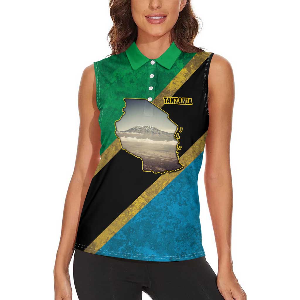 Kilimanjaro Tanzania Women Sleeveless Polo Shirt Grunge Flag Map of Tanzania - Wonder Print Shop