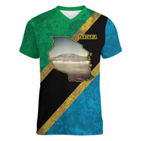 Kilimanjaro Tanzania Women V-Neck T-Shirt Grunge Flag Map of Tanzania - Wonder Print Shop