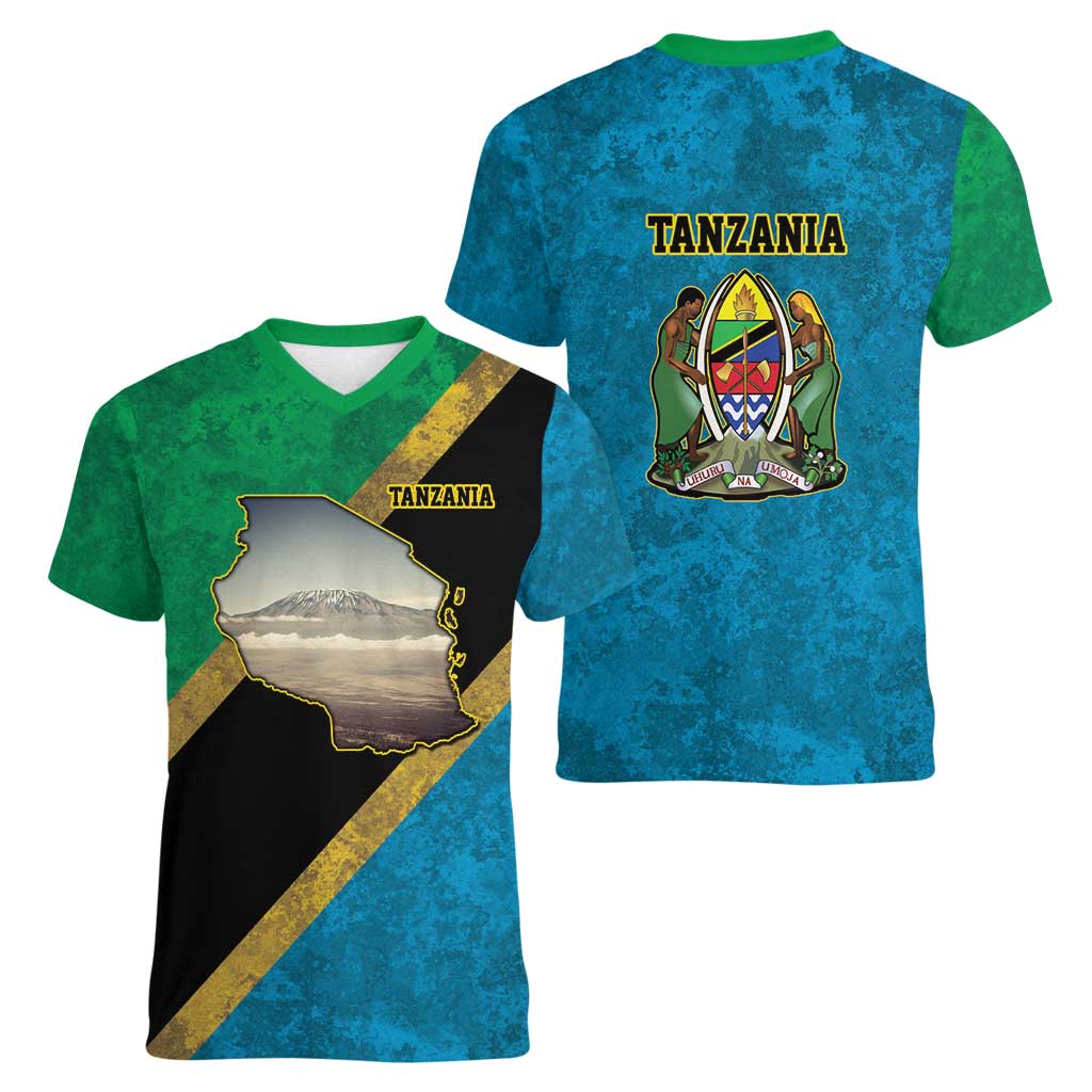 Kilimanjaro Tanzania Women V-Neck T-Shirt Grunge Flag Map of Tanzania - Wonder Print Shop