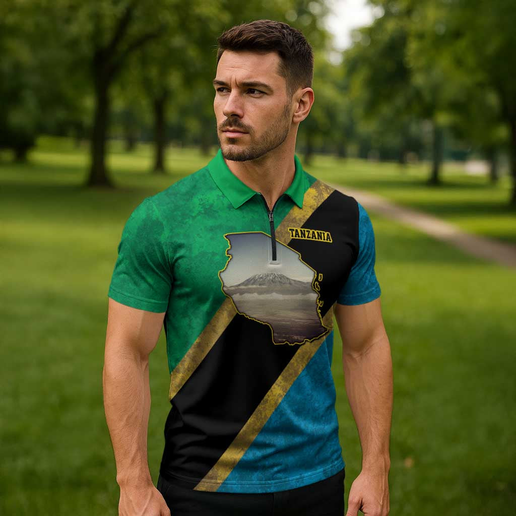 Kilimanjaro Tanzania Zipper Polo Shirt Grunge Flag Map of Tanzania - Wonder Print Shop
