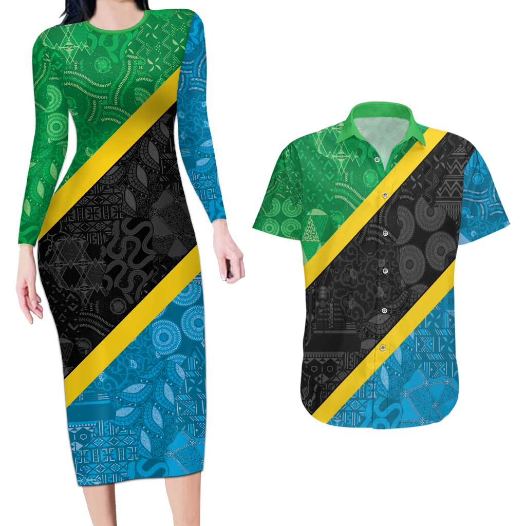 Tanzania 255 Couples Matching Long Sleeve Bodycon Dress and Hawaiian Shirt African Mix Pattern Flag Motif - Wonder Print Shop