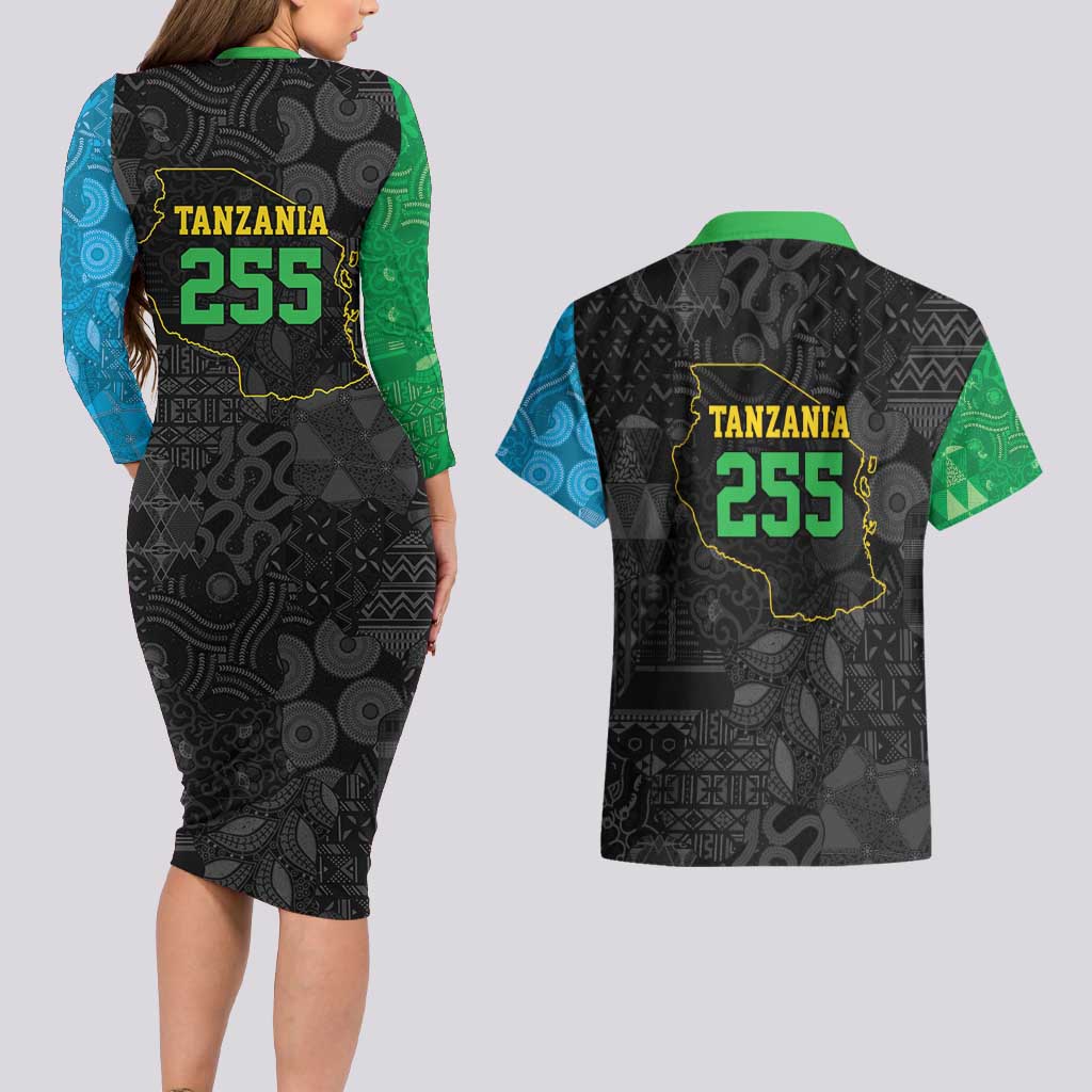 Tanzania 255 Couples Matching Long Sleeve Bodycon Dress and Hawaiian Shirt African Mix Pattern Flag Motif - Wonder Print Shop