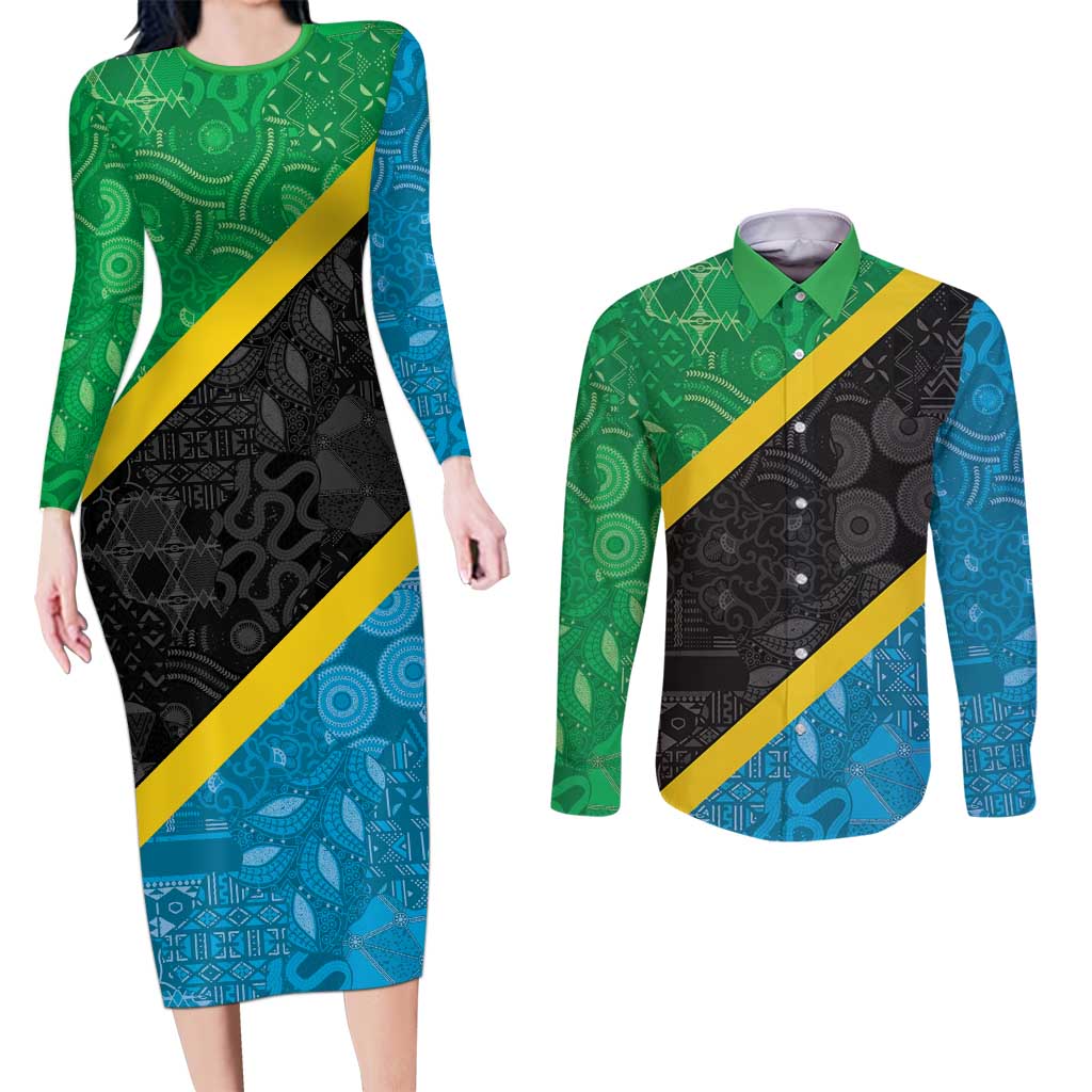 Tanzania 255 Couples Matching Long Sleeve Bodycon Dress and Long Sleeve Button Shirt African Mix Pattern Flag Motif - Wonder Print Shop