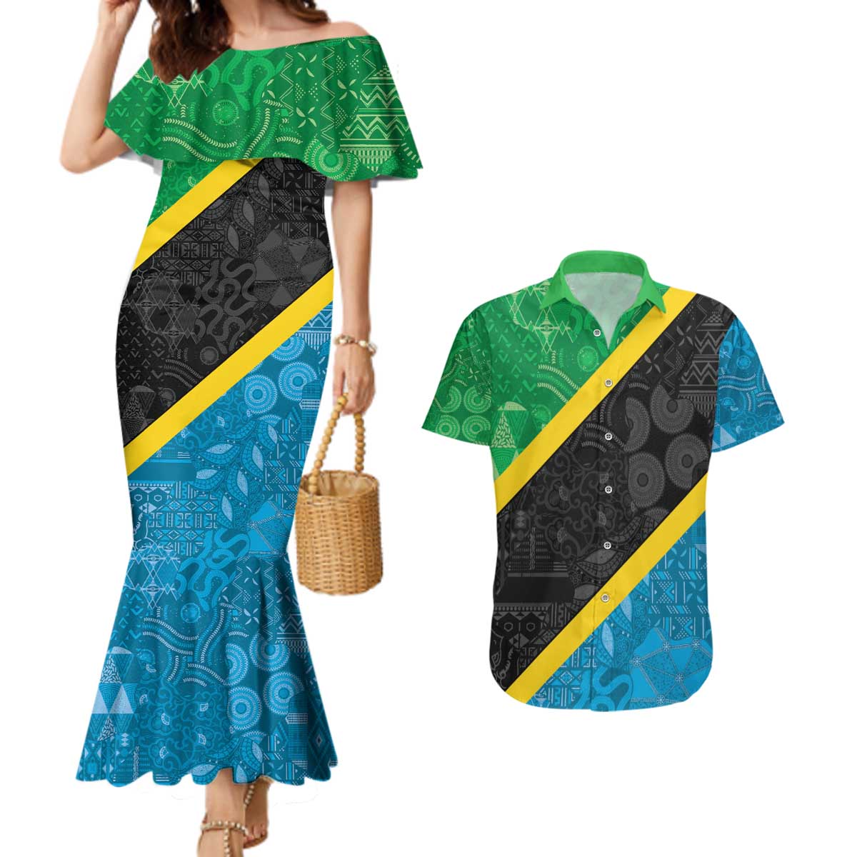 Tanzania 255 Couples Matching Mermaid Dress and Hawaiian Shirt African Mix Pattern Flag Motif - Wonder Print Shop