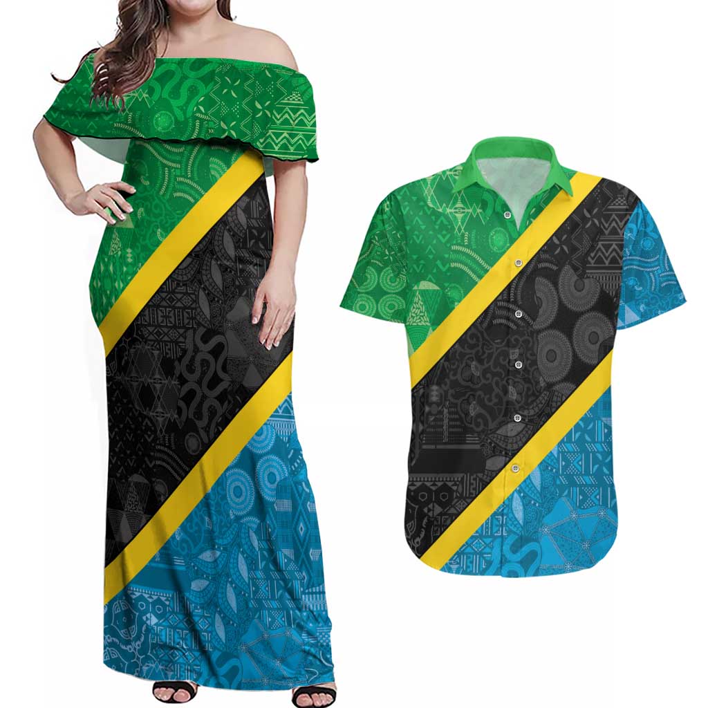 Tanzania 255 Couples Matching Off Shoulder Maxi Dress and Hawaiian Shirt African Mix Pattern Flag Motif - Wonder Print Shop