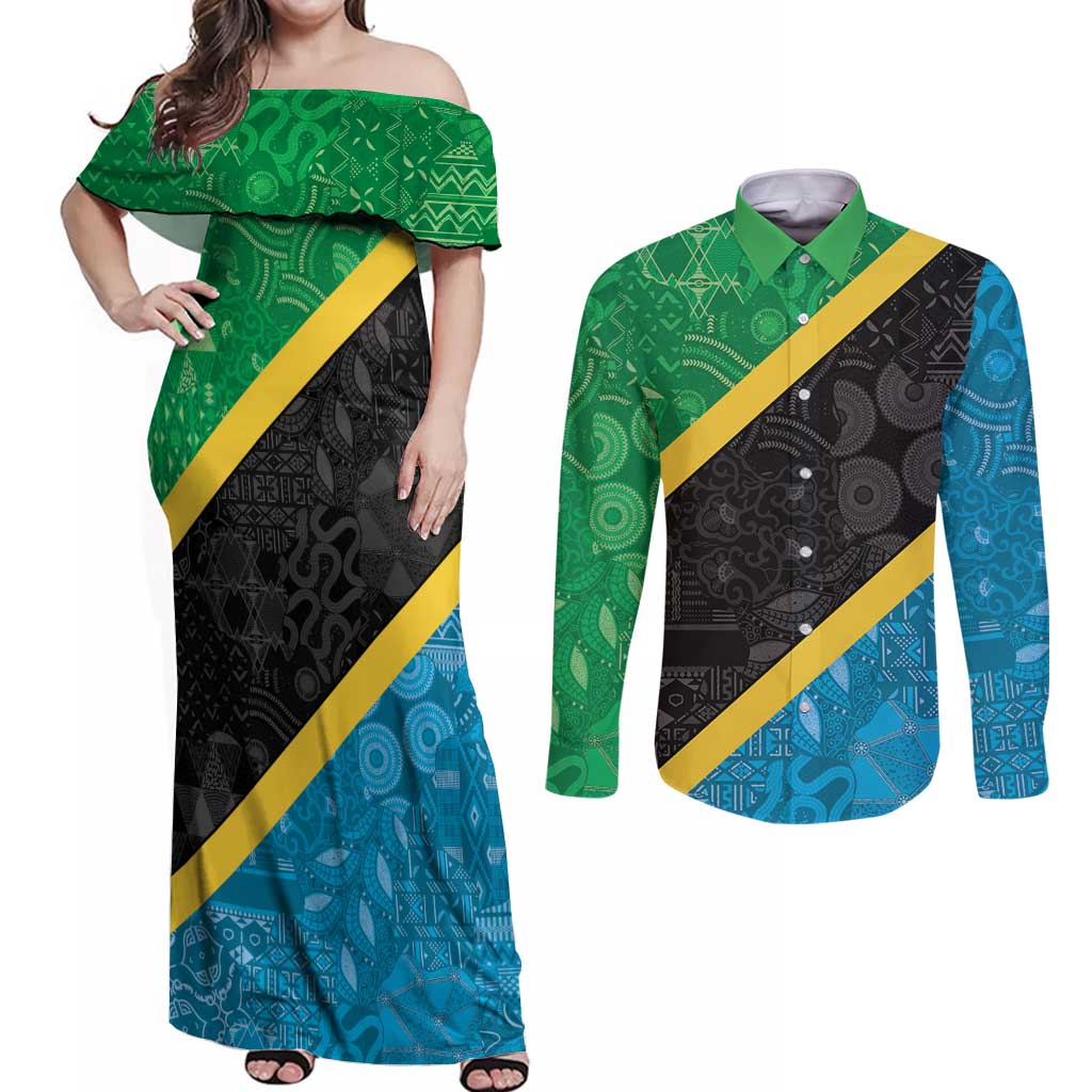 Tanzania 255 Couples Matching Off Shoulder Maxi Dress and Long Sleeve Button Shirt African Mix Pattern Flag Motif - Wonder Print Shop
