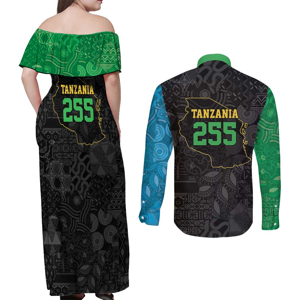 Tanzania 255 Couples Matching Off Shoulder Maxi Dress and Long Sleeve Button Shirt African Mix Pattern Flag Motif - Wonder Print Shop