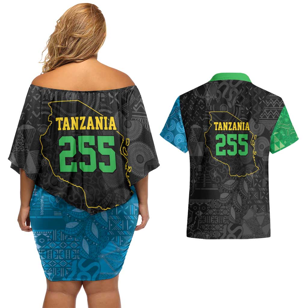 Tanzania 255 Couples Matching Off Shoulder Short Dress and Hawaiian Shirt African Mix Pattern Flag Motif - Wonder Print Shop