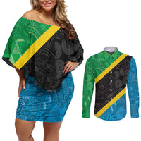Tanzania 255 Couples Matching Off Shoulder Short Dress and Long Sleeve Button Shirt African Mix Pattern Flag Motif - Wonder Print Shop