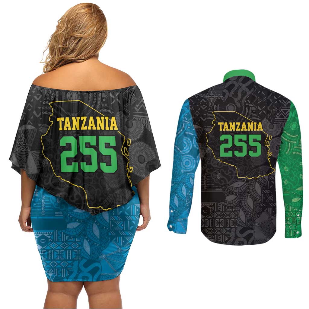 Tanzania 255 Couples Matching Off Shoulder Short Dress and Long Sleeve Button Shirt African Mix Pattern Flag Motif - Wonder Print Shop