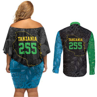Tanzania 255 Couples Matching Off Shoulder Short Dress and Long Sleeve Button Shirt African Mix Pattern Flag Motif - Wonder Print Shop