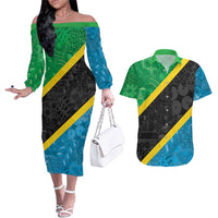 Tanzania 255 Couples Matching Off The Shoulder Long Sleeve Dress and Hawaiian Shirt African Mix Pattern Flag Motif - Wonder Print Shop