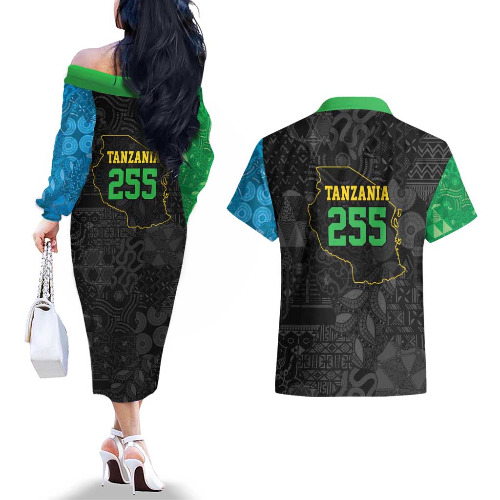 Tanzania 255 Couples Matching Off The Shoulder Long Sleeve Dress and Hawaiian Shirt African Mix Pattern Flag Motif - Wonder Print Shop