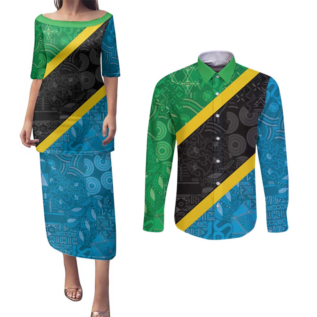 Tanzania 255 Couples Matching Puletasi and Long Sleeve Button Shirt African Mix Pattern Flag Motif - Wonder Print Shop