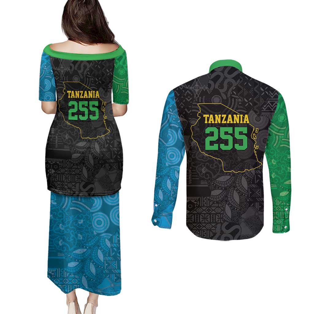 Tanzania 255 Couples Matching Puletasi and Long Sleeve Button Shirt African Mix Pattern Flag Motif - Wonder Print Shop