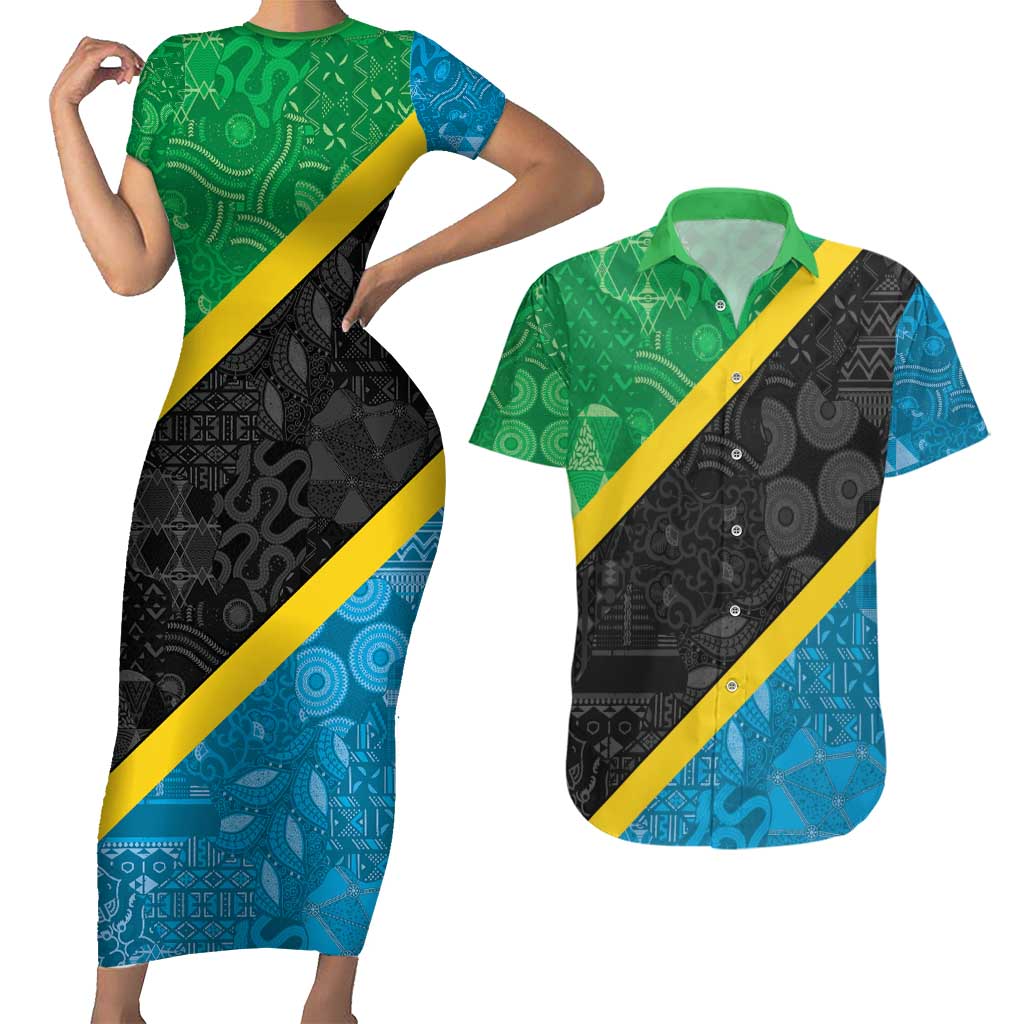 Tanzania 255 Couples Matching Short Sleeve Bodycon Dress and Hawaiian Shirt African Mix Pattern Flag Motif - Wonder Print Shop