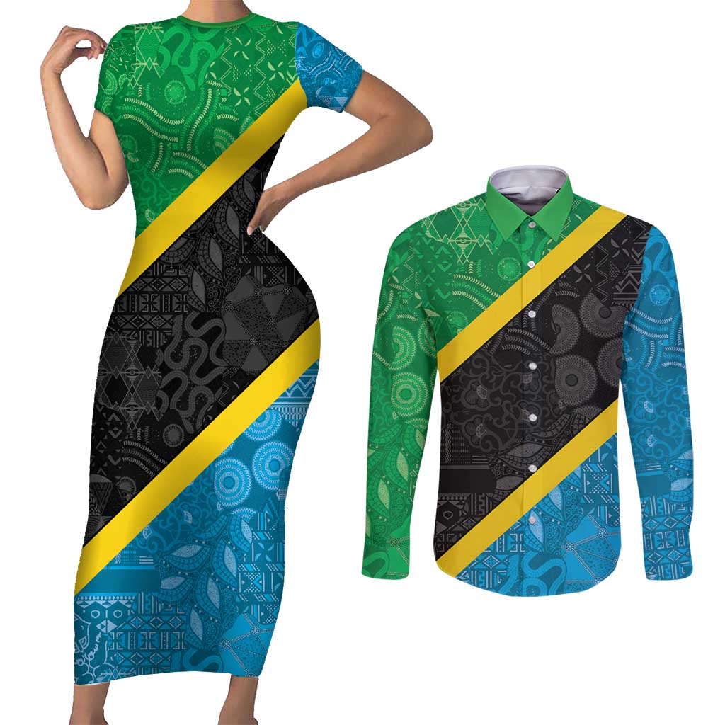 Tanzania 255 Couples Matching Short Sleeve Bodycon Dress and Long Sleeve Button Shirt African Mix Pattern Flag Motif - Wonder Print Shop