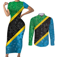 Tanzania 255 Couples Matching Short Sleeve Bodycon Dress and Long Sleeve Button Shirt African Mix Pattern Flag Motif - Wonder Print Shop