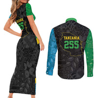 Tanzania 255 Couples Matching Short Sleeve Bodycon Dress and Long Sleeve Button Shirt African Mix Pattern Flag Motif - Wonder Print Shop