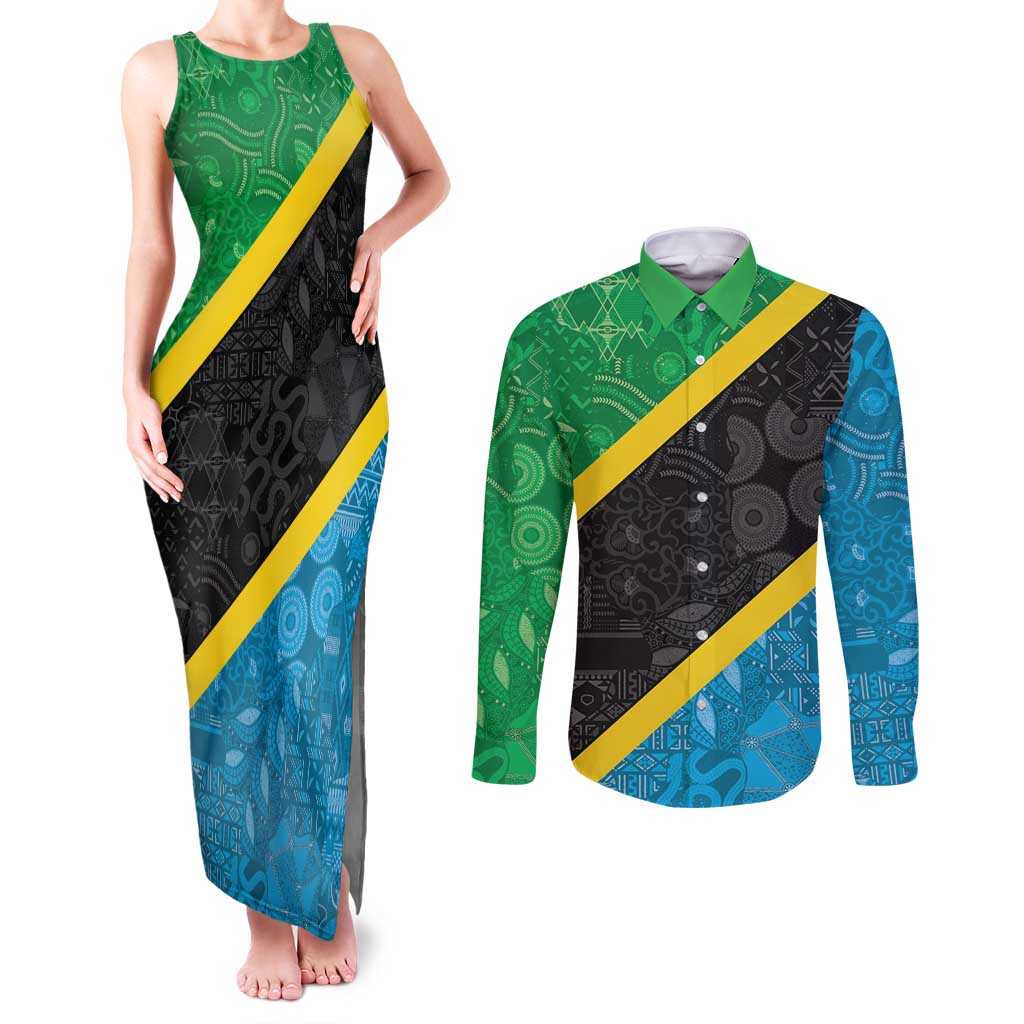 Tanzania 255 Couples Matching Tank Maxi Dress and Long Sleeve Button Shirt African Mix Pattern Flag Motif - Wonder Print Shop