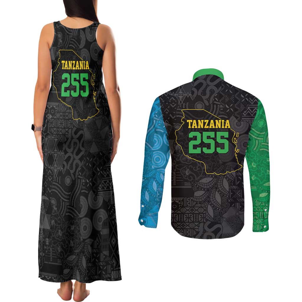 Tanzania 255 Couples Matching Tank Maxi Dress and Long Sleeve Button Shirt African Mix Pattern Flag Motif - Wonder Print Shop