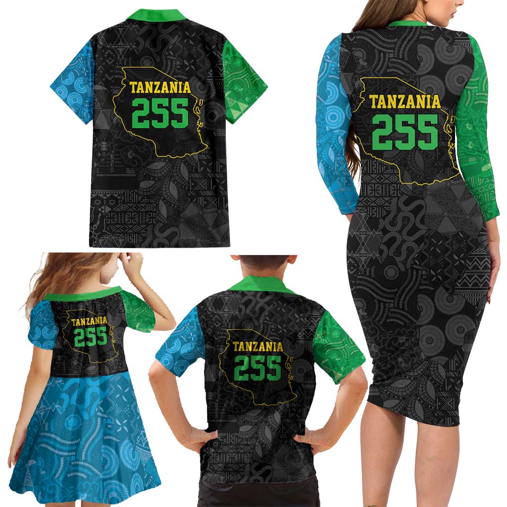 Tanzania 255 Family Matching Long Sleeve Bodycon Dress and Hawaiian Shirt African Mix Pattern Flag Motif - Wonder Print Shop