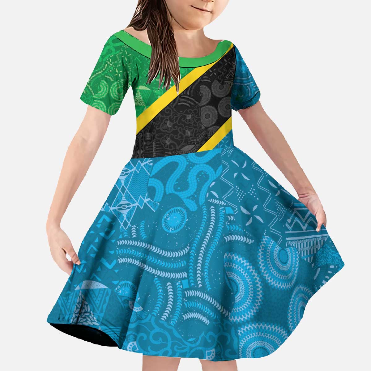 Tanzania 255 Family Matching Off The Shoulder Long Sleeve Dress and Hawaiian Shirt African Mix Pattern Flag Motif - Wonder Print Shop