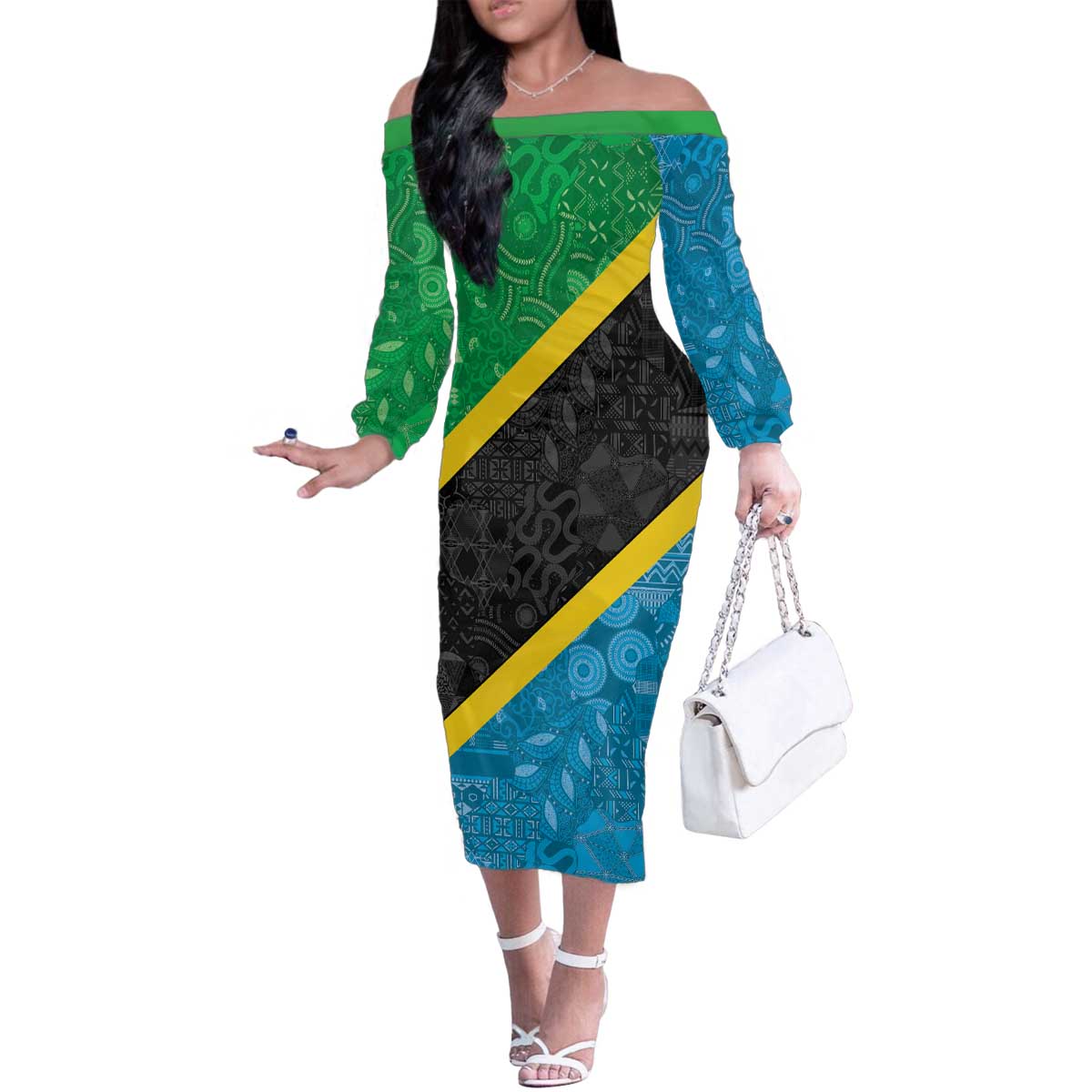 Tanzania 255 Family Matching Off The Shoulder Long Sleeve Dress and Hawaiian Shirt African Mix Pattern Flag Motif - Wonder Print Shop