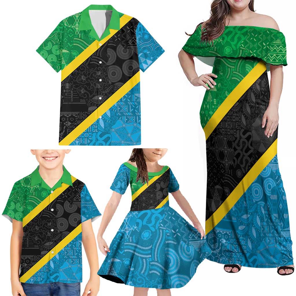 Tanzania 255 Family Matching Off Shoulder Maxi Dress and Hawaiian Shirt African Mix Pattern Flag Motif - Wonder Print Shop