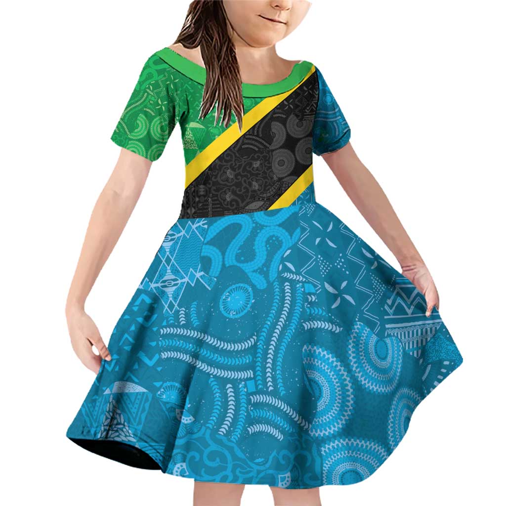 Tanzania 255 Family Matching Off Shoulder Short Dress and Hawaiian Shirt African Mix Pattern Flag Motif - Wonder Print Shop