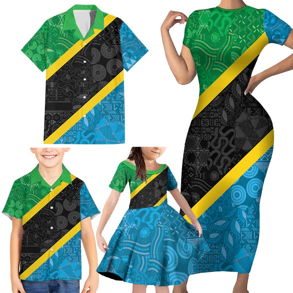 Tanzania 255 Family Matching Short Sleeve Bodycon Dress and Hawaiian Shirt African Mix Pattern Flag Motif - Wonder Print Shop
