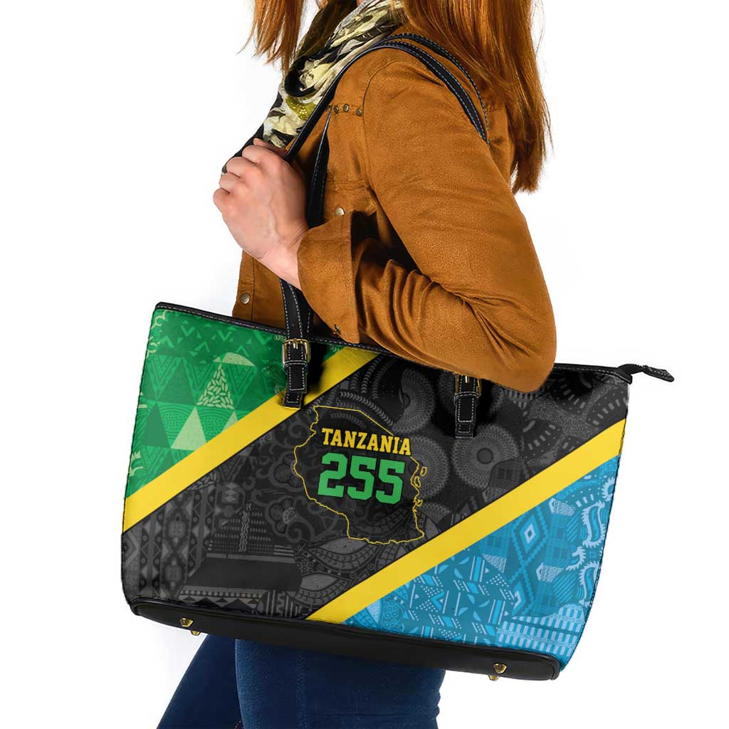 Tanzania 255 Leather Tote Bag African Mix Pattern Flag Motif - Wonder Print Shop