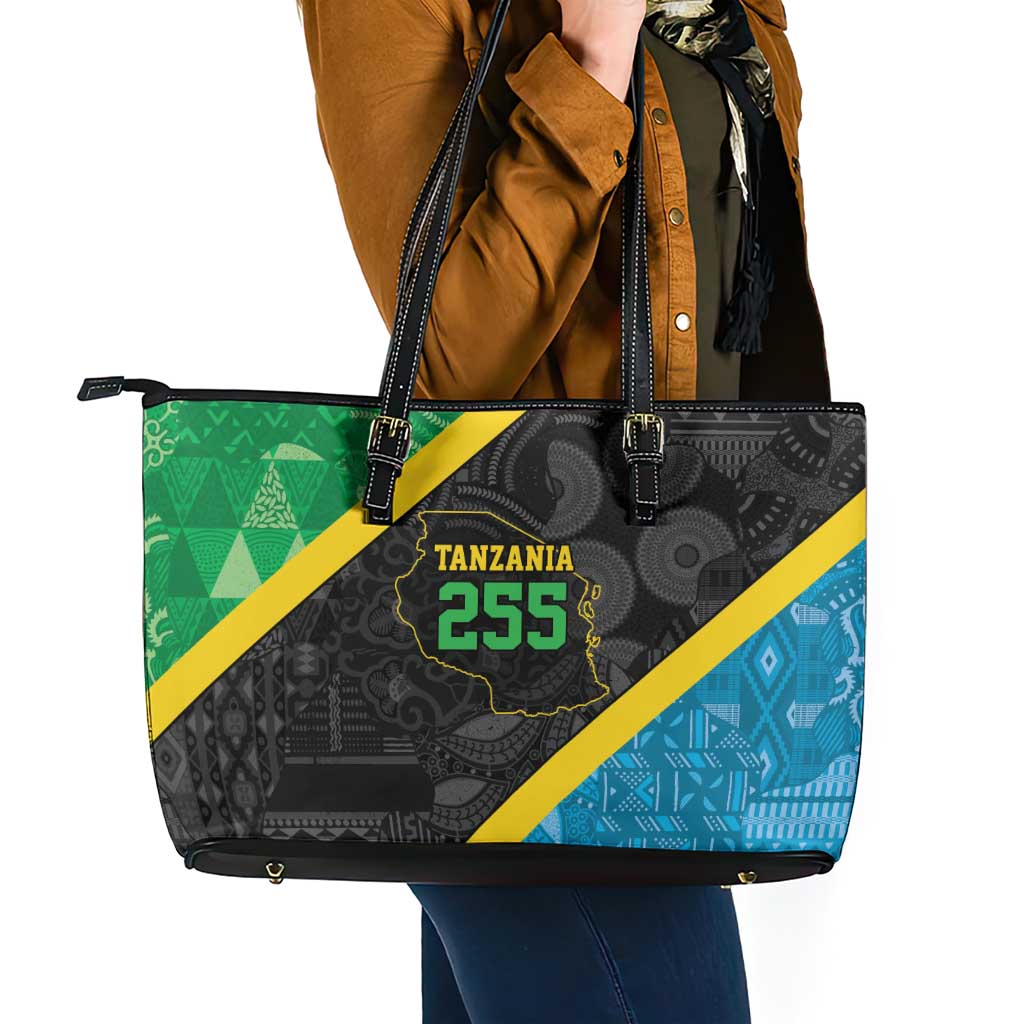 Tanzania 255 Leather Tote Bag African Mix Pattern Flag Motif - Wonder Print Shop