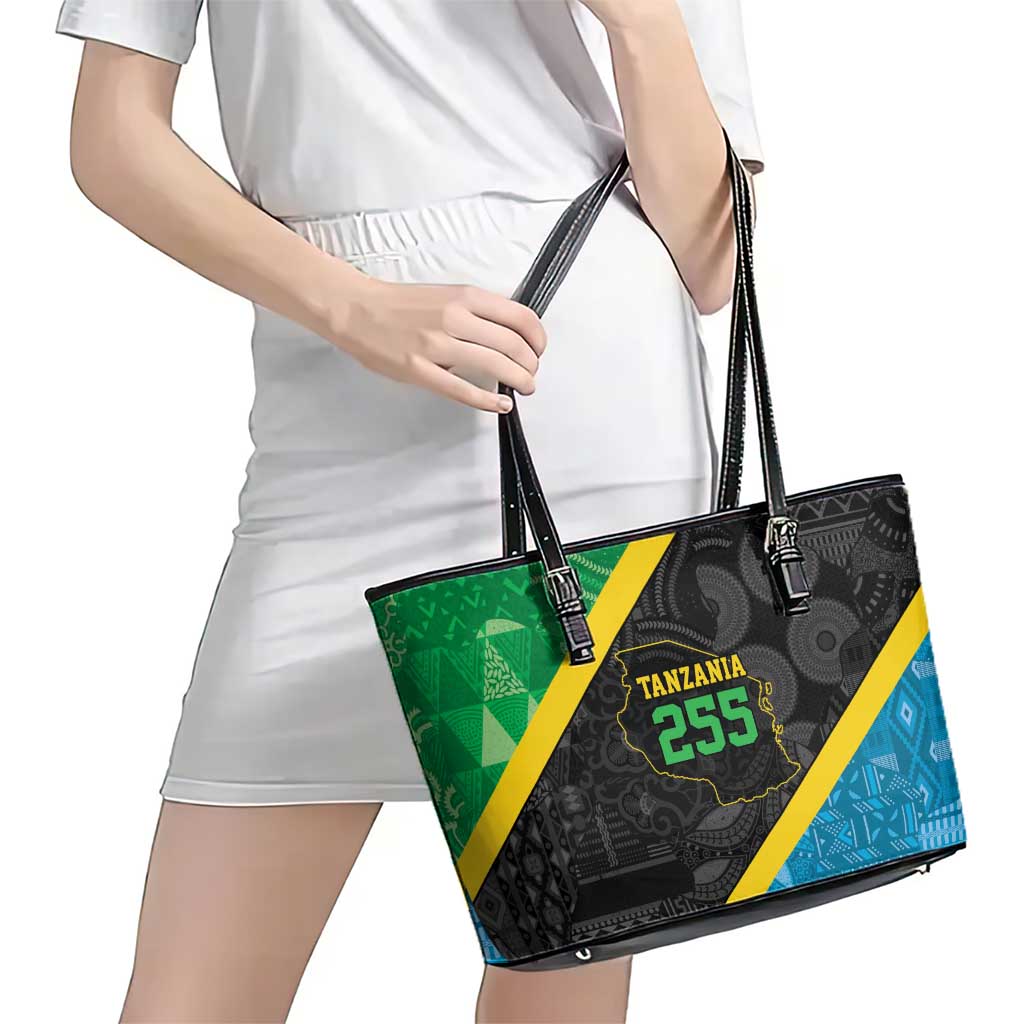 Tanzania 255 Leather Tote Bag African Mix Pattern Flag Motif - Wonder Print Shop