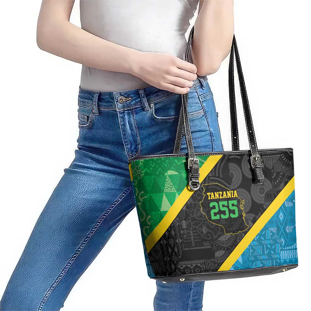 Tanzania 255 Leather Tote Bag African Mix Pattern Flag Motif - Wonder Print Shop