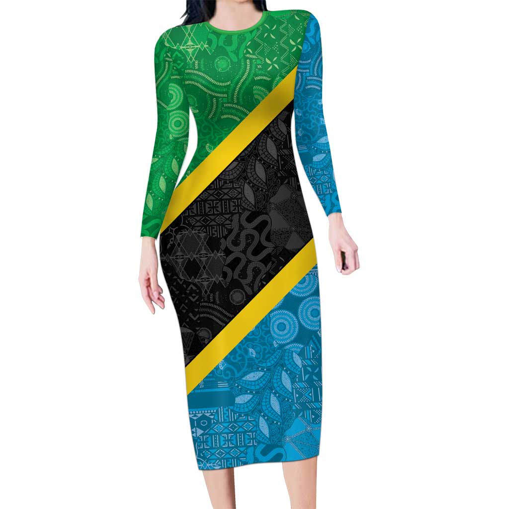 Tanzania 255 Long Sleeve Bodycon Dress African Mix Pattern Flag Motif - Wonder Print Shop