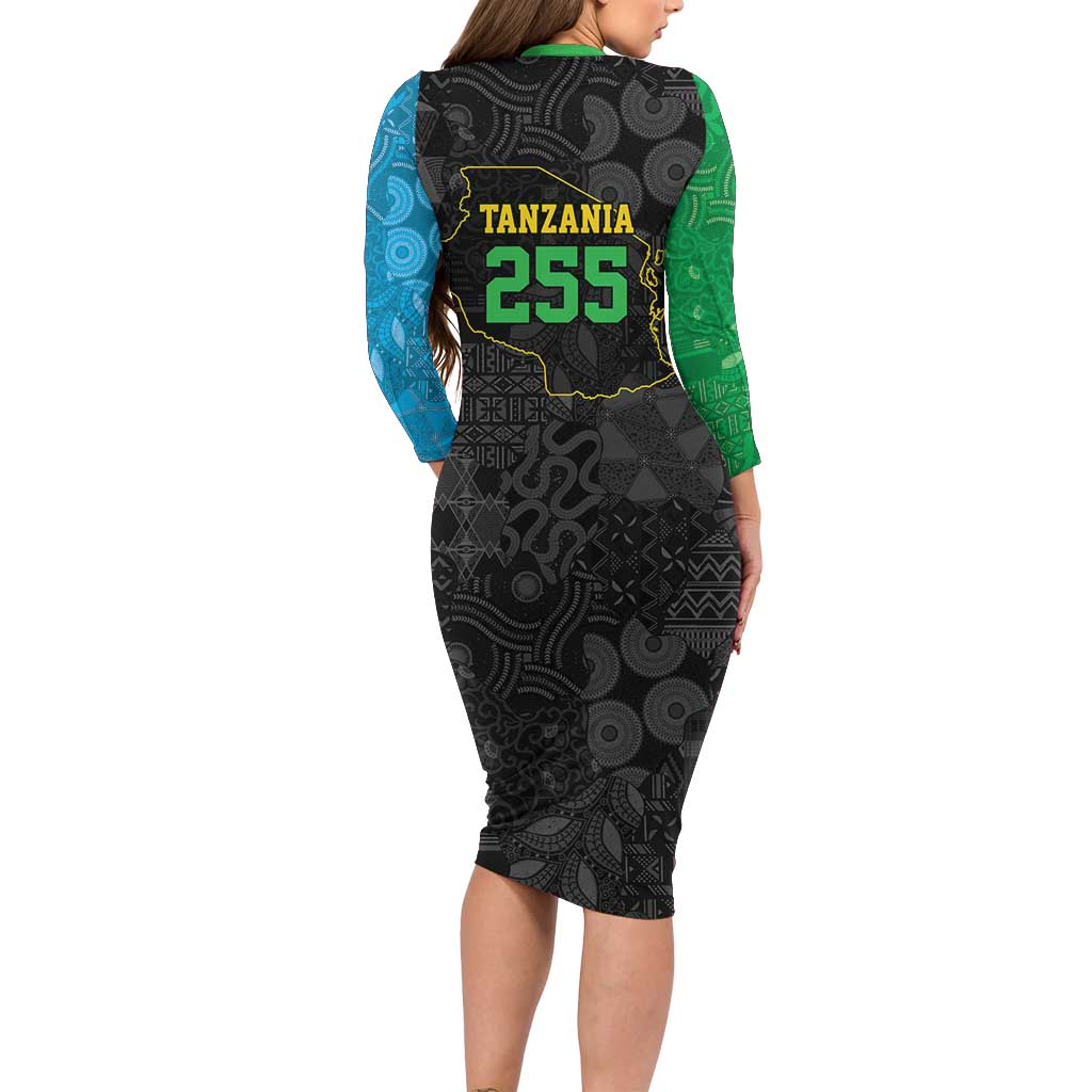 Tanzania 255 Long Sleeve Bodycon Dress African Mix Pattern Flag Motif - Wonder Print Shop