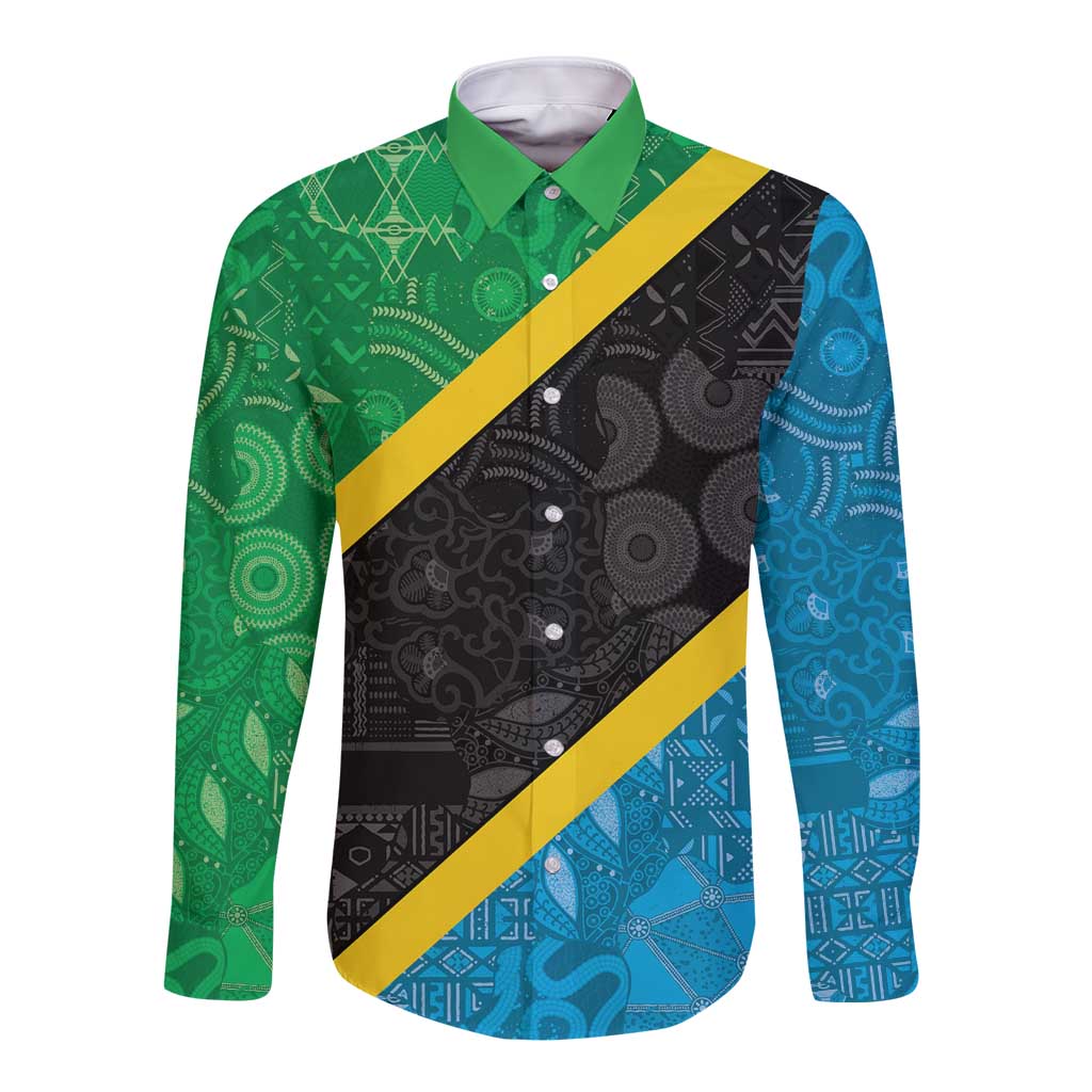 Tanzania 255 Long Sleeve Button Shirt African Mix Pattern Flag Motif - Wonder Print Shop