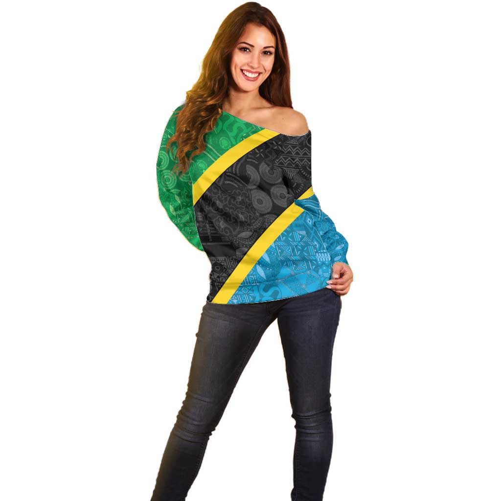 Tanzania 255 Off Shoulder Sweater African Mix Pattern Flag Motif - Wonder Print Shop