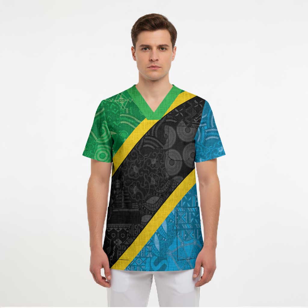 Tanzania 255 Scrub Top African Mix Pattern Flag Motif