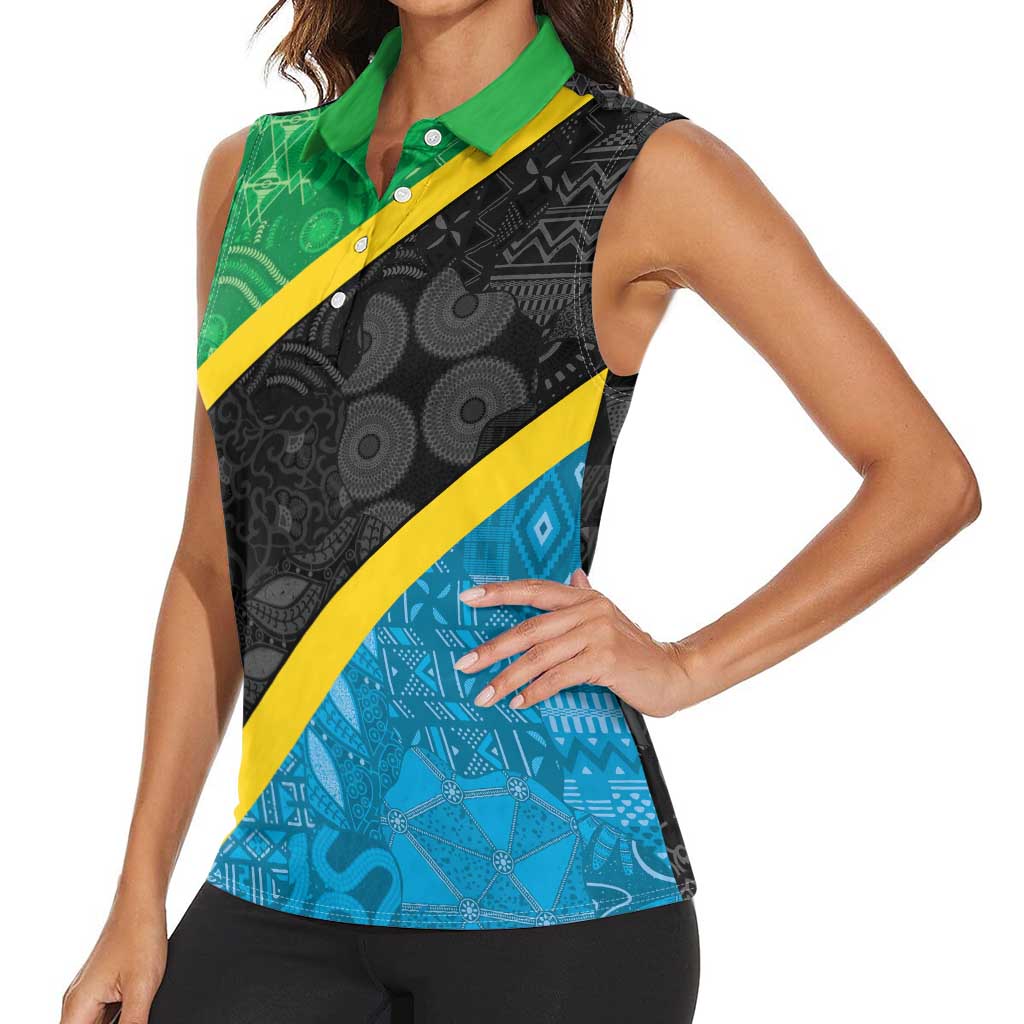 Tanzania 255 Women Sleeveless Polo Shirt African Mix Pattern Flag Motif - Wonder Print Shop